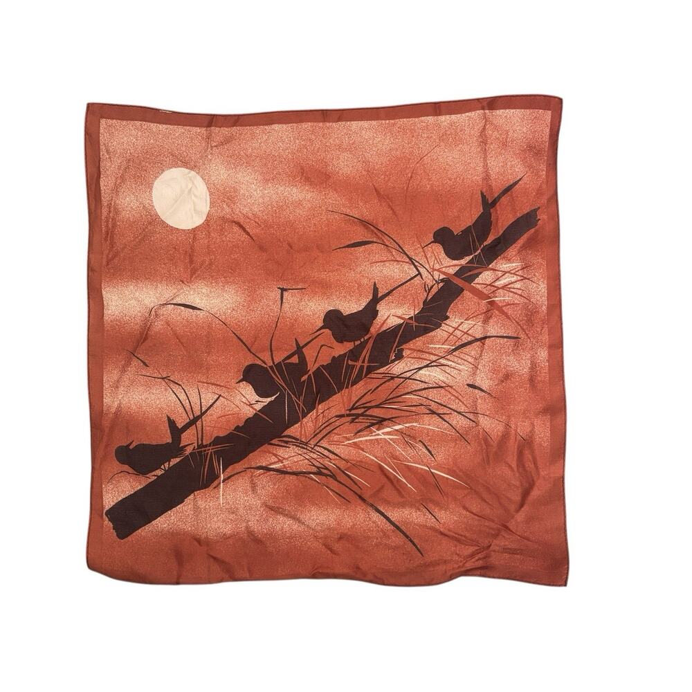 1950's Japanese Silk Scarf Silhouette Of Birds On Branch With Moon Hand Rolled